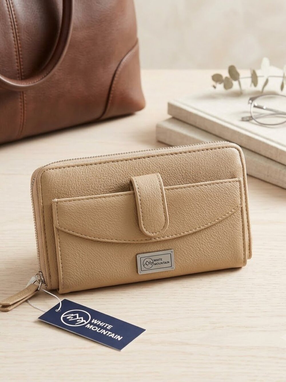White Mountain NEW Beige Bone Vegan Leather Zip Around Wallet Wristlet